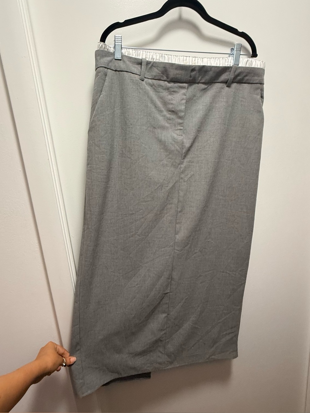 Zara Light Gray Midi Pencil Skirt with Pinstripe Waistband